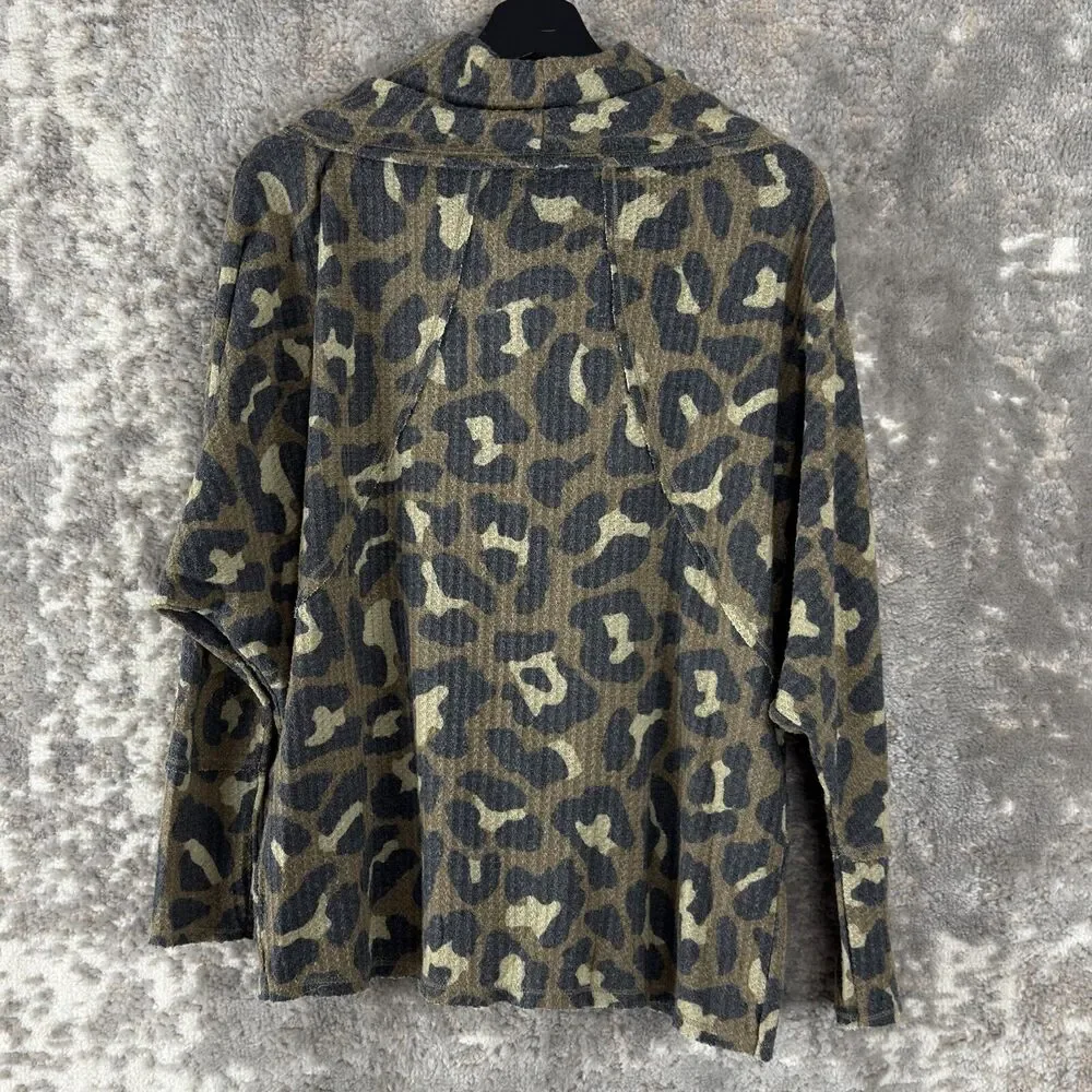 LulaRoe Sz S Kristen Leopard Animal Print Waffle Knit Cowl Neck Pullover Sweater